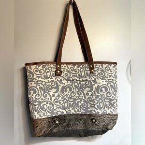 NWOT Myra Bag upcycled fabric, leather, and hide zipper tote.